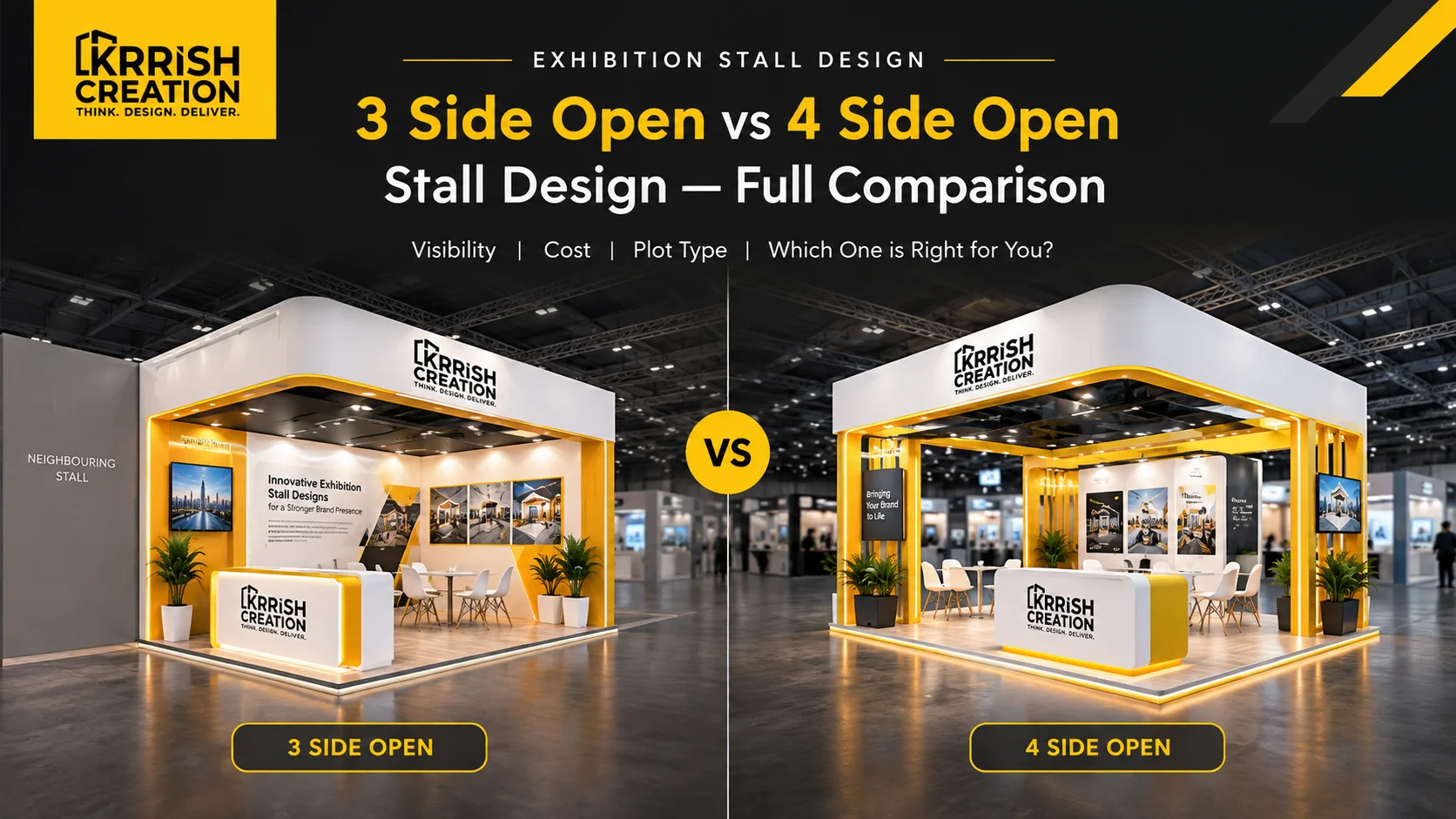 3 side open vs 4 side open stall design & fabrication comparison — exhibition stall layouts by Krrish Creation