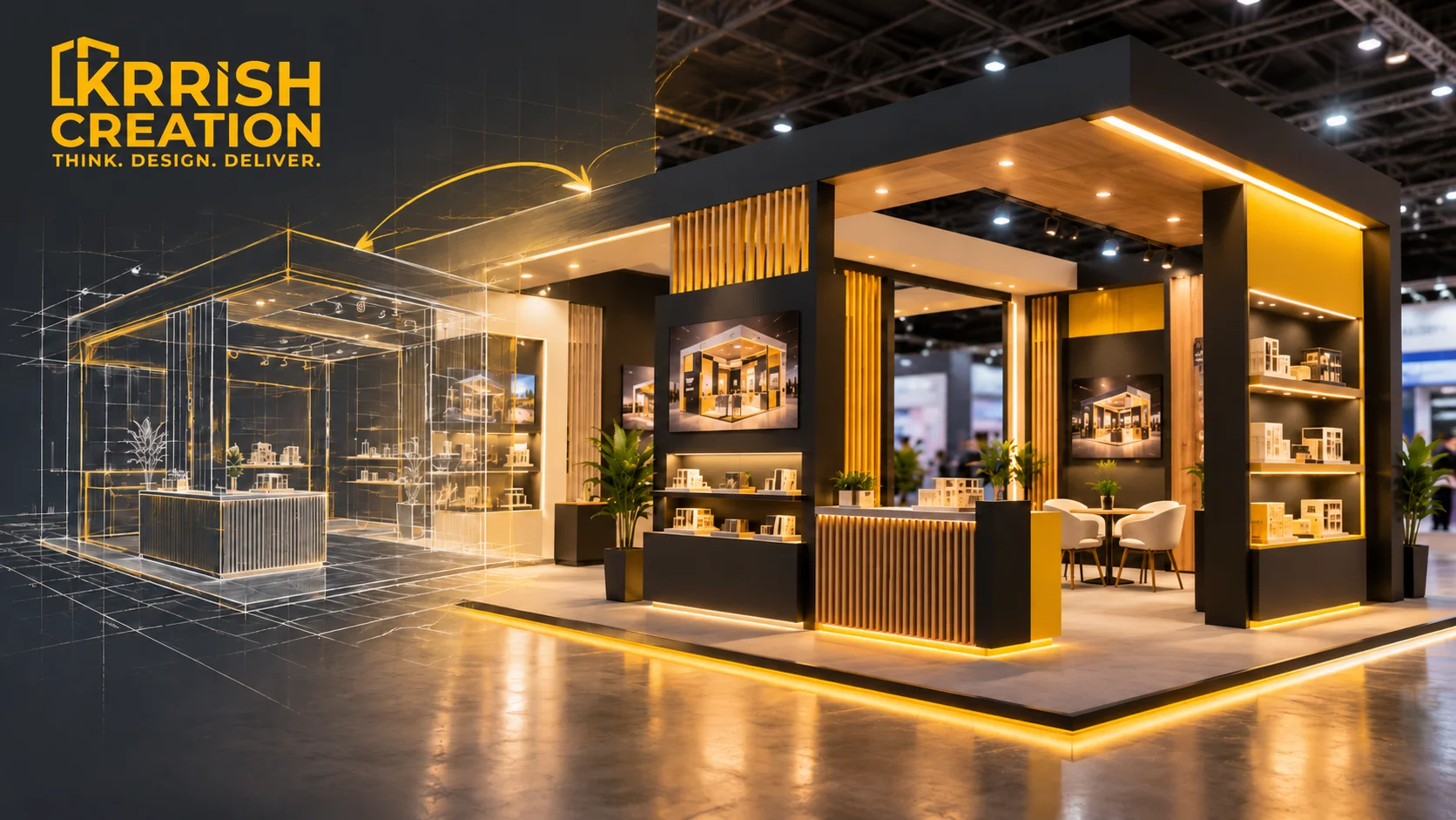 Exhibition stall design concept transitioning from blueprint to a finished trade show booth