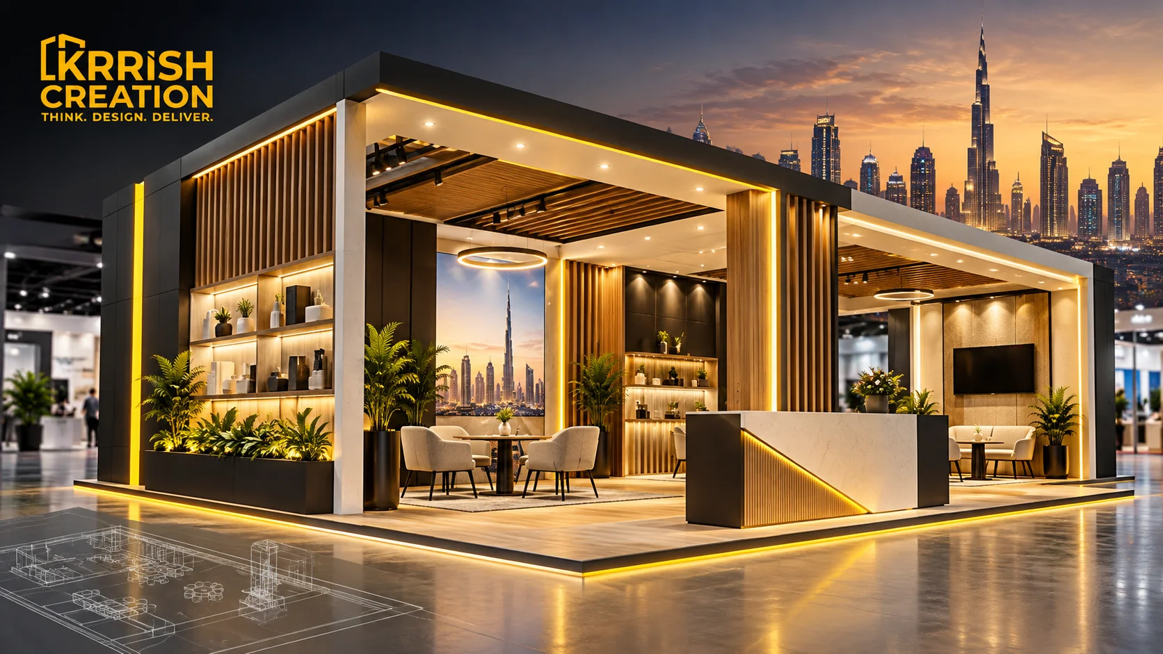 Exhibition stand design concept with product displays, meeting areas and a Dubai skyline backdrop