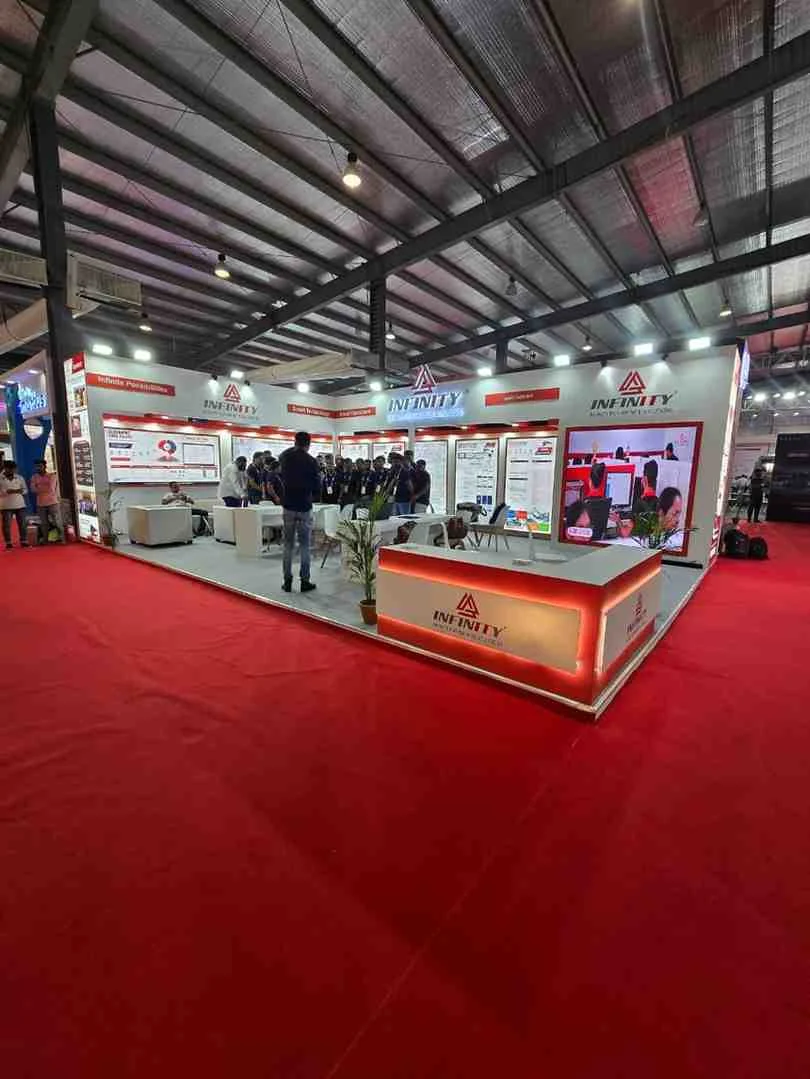 Wellness brand trade show booth design with sampling counter, Bharat Mandapam