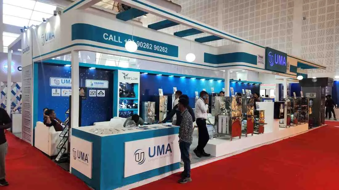 Lab equipment trade show booth design with bench-top display, Bharat Mandapam